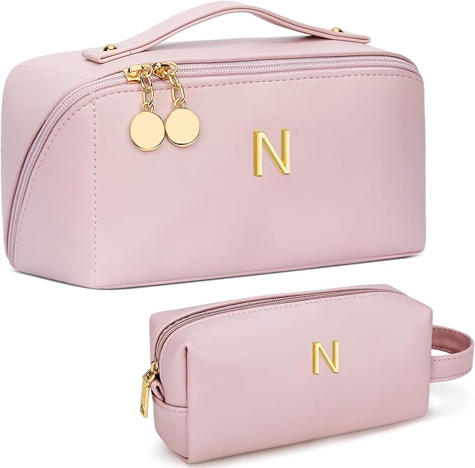 KKXIU Initial Makeup Bag for Women - Personalized Makeup Bag Gifts for Women, Travel Toiletry Bag with PU Leather, Open Flat Design with Top Handle, Cosmetic Bag Set with Multi-Pocket (Pink,N)