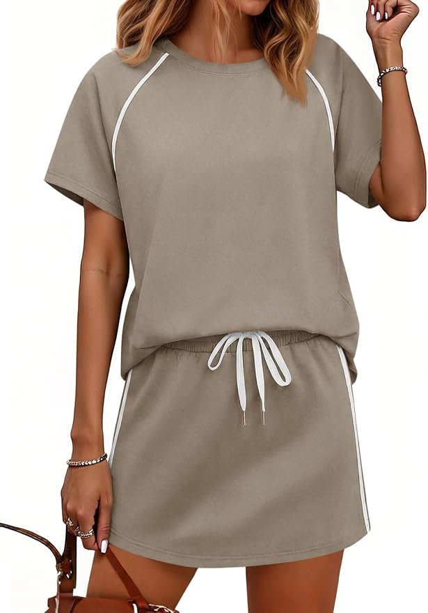 Womens 2 Piece Skirt Sets Summer Tennis Outfits Vacation Skort Set | Two Piece Sets, Short Set, Athletic Workout Golf Outfits, Crew Neck, Color Block, Drawstring, Workout Mathcing Lounge Sets