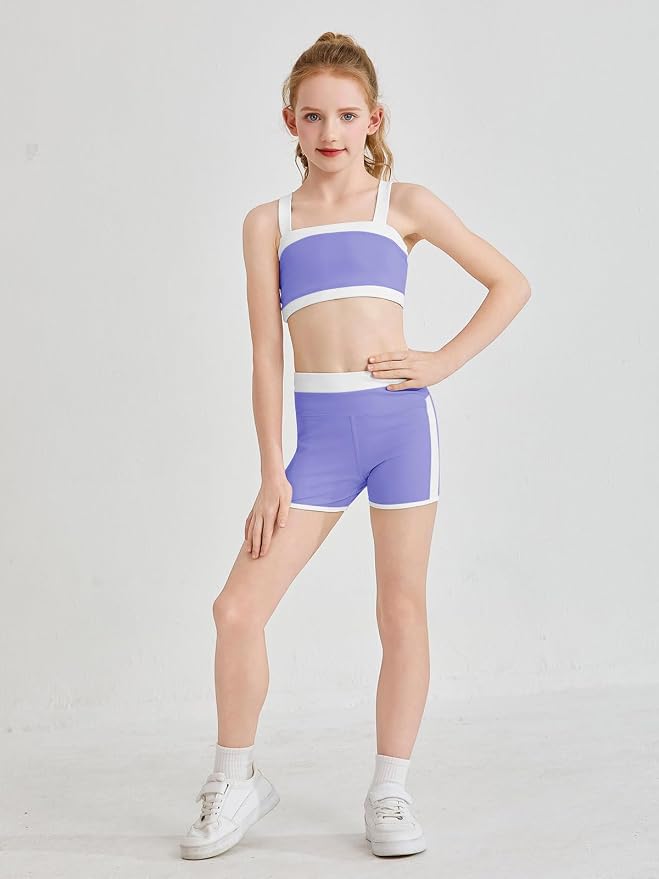 Haloumoning Girls 2 Piece Outfits Athletic Color Block Training Bra and High Waisted Shorts Clothing Sets 5-14Y