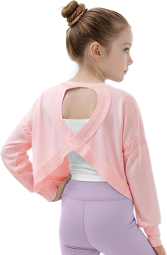 Gogokids Girls Shirts Long Sleeve Athletic Shirts Open Back Tops Active Sports Tshirts Yoga Workout Crop Tees 5-14 Years