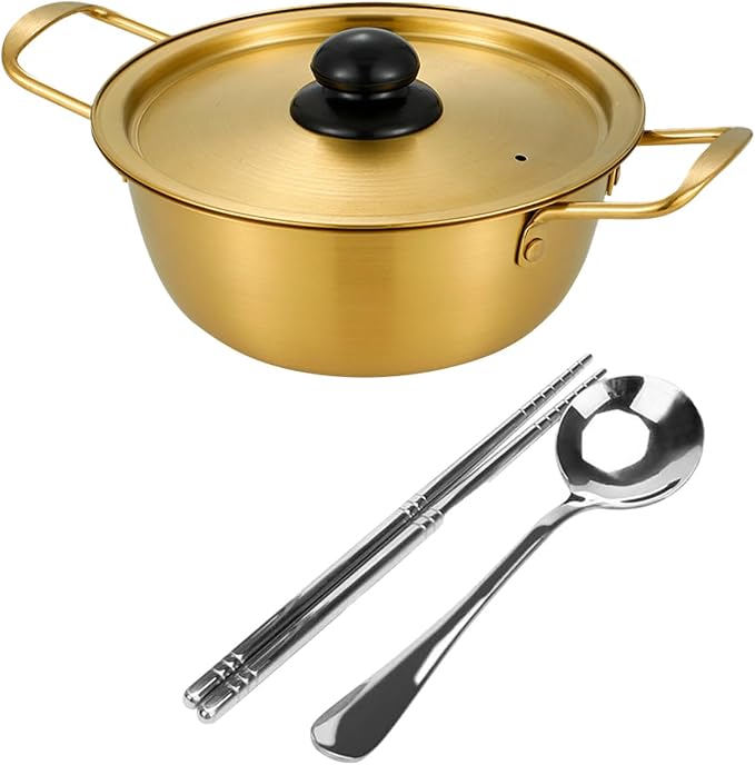 Korean Ramen Cooking Pot, Korean Noodle Pot Ramen Cooking Pots Instant Noodle Pots With Lid Spoon And Chopsticks (1pair) For Kitchen Cookware (9.6 x 3.5 Inches)