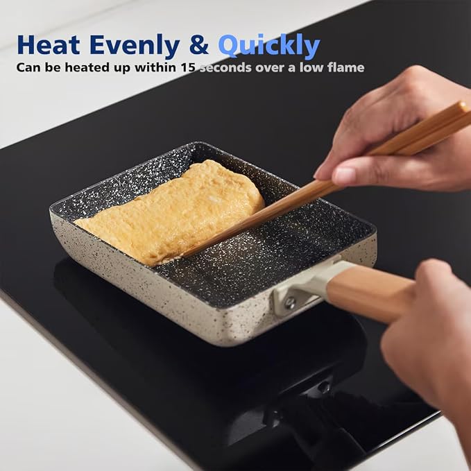 Ceramic Coating Square Japanese Tamagoyaki Omelette Small Skillet, Non-stick Rectangle Egg Roll Pan with Wood Handle