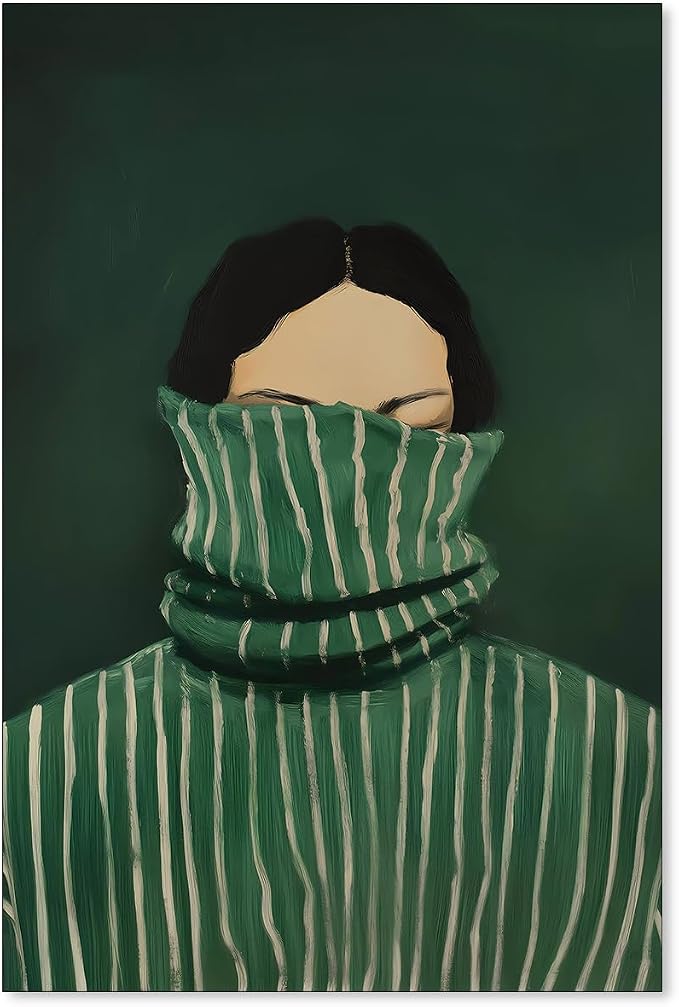 Haitunone Emerald Green Feminine People Wall Art Retro Abstract Stripe Poster Funky Minimalist Eclectic Canvas Prints for Bedroom Apartment Dorm Wall Decor 24X36 inch Unframed