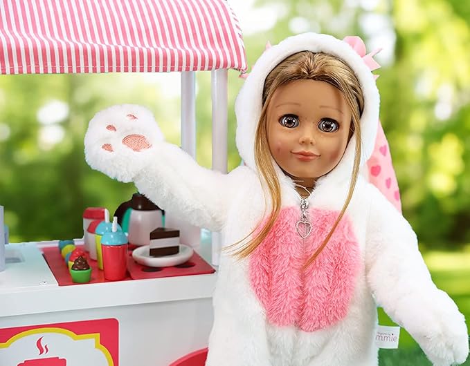 Playtime by Eimmie 18 Inch Doll Clothes and Accessories - Easter Bunny Onesie with Heart Zipper, Pink Paws & Matching Bunny Ear Hat - Fits American, Generation & Other 18" Dolls for Girls