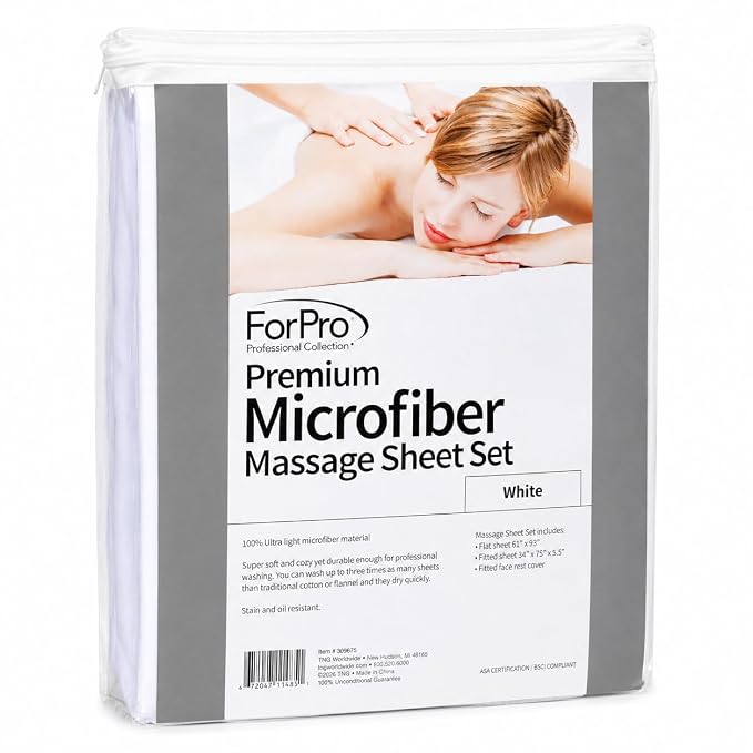 ForPro Professional Collection Premium Microfiber 3-Piece Massage Sheet Set, White, Ultra-Light, Stain, and Wrinkle-Resistant Includes Massage Flat and Fitted Sheet and Massage Face Rest Cover
