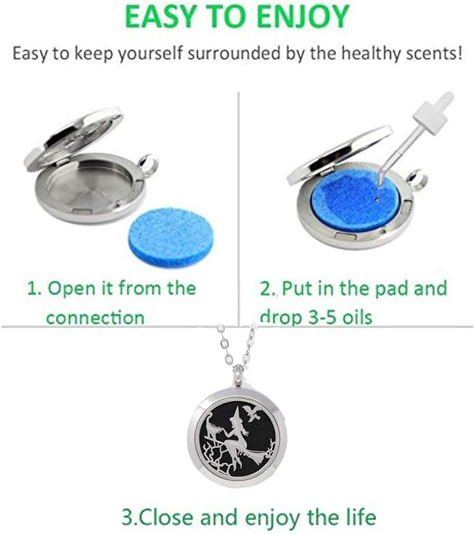 Aromatherapy Essential Oil Diffuser Stainless Steel 30MM Silver Magnetic Locket Pendant 2 Sizes Chain Necklace, Refill Pads & Diffuser Bracelet in a Velvet Bag (Witch)