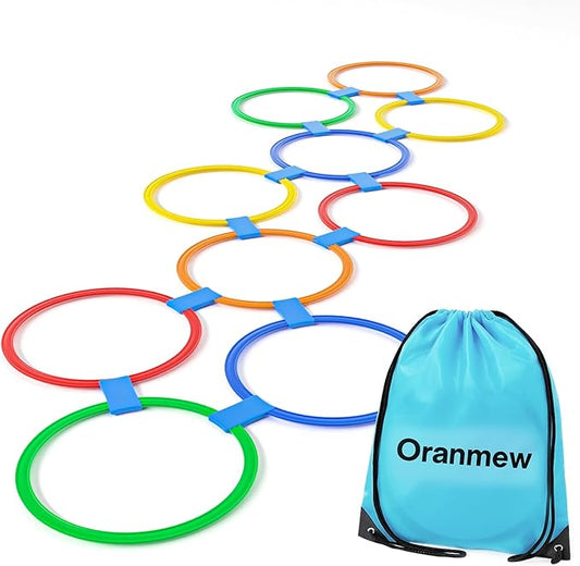 Hopscotch Rings, 1-Set – 10 Round Hoops (11-inch) + 15 Connectors, Agility Rings for Kids, Builds Gross Motor Skills, Preschool & Kindergarten PE, Indoor/Outdoor Playground Obstacle Course