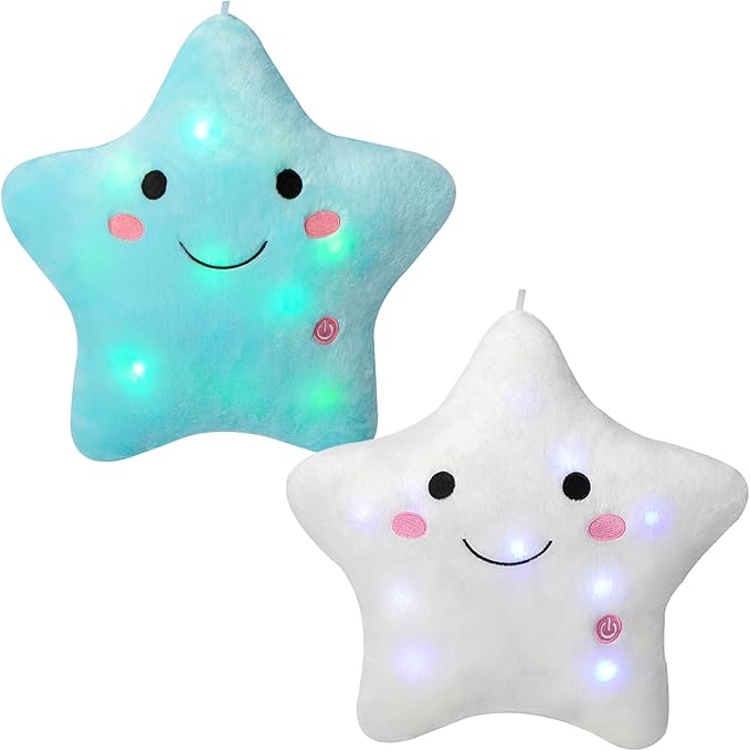 DearSun Set of 2pcs, 13'' Creative Twinkle Star Colorful Night Light Plush Pillows Light up Night Stuffed Toys Perfect for Birthday Christmas Holiday Valentines(Blue+White)