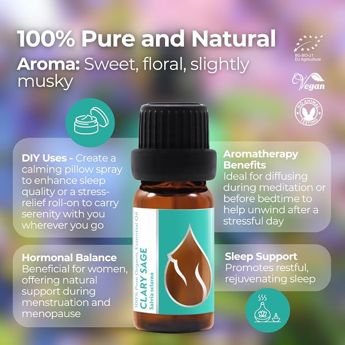 Essences Bulgaria Organic Clary Sage Essential Oil 1/3 Fl Oz | 10ml | Salvia sclarea | 100% Pure and Natural | Undiluted | Therapeutic Grade | Family Owned Farm | Steam-Distilled | Non-GMO | Vegan
