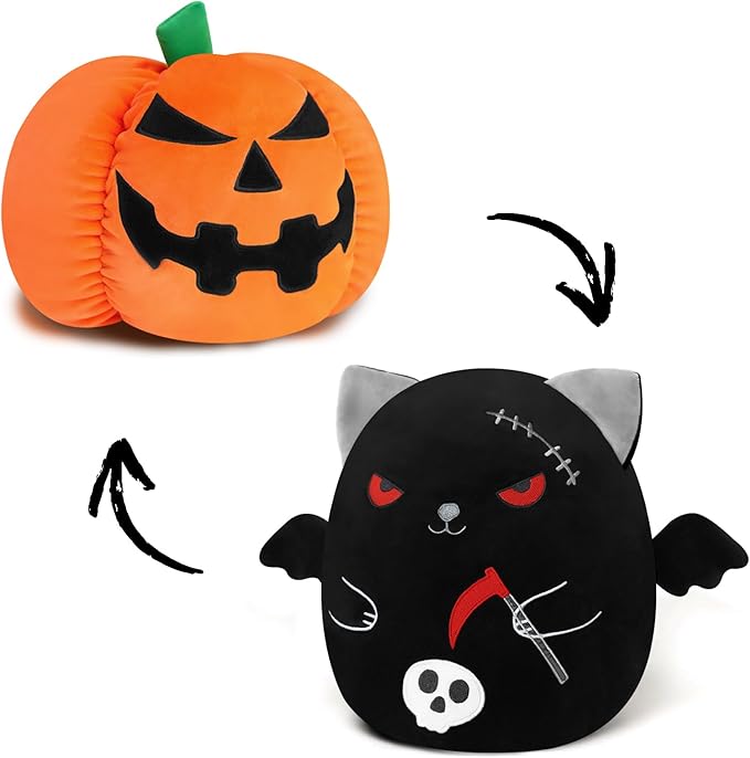 Halloween Reversible Pumpkin Plush, Soft Black Cat Stuffed Animal with Bat Wings and Skull, Halloween Plush Gift Home Decor for Boys Girls 10 Inch