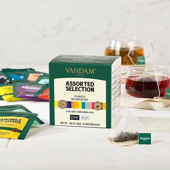 VAHDAM, Assorted Tea Sampler (15 Different Variety in Individually Wrapped Pyramid Tea Bags) Long Leaf Premium Teas I Teas Gift Set I Ideas for Tea Lovers | Gifts for Women & Men