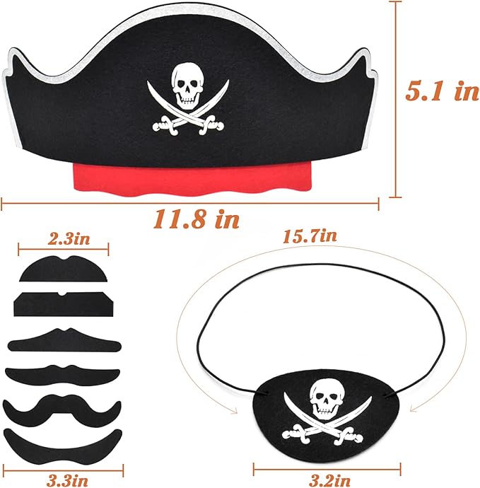 Halatool 72 Pcs Halloween Pirate Party Set for Kids, 24 Pirates Hats with 24 Eye Patches and 24 Mustaches, Pirate Costume Accessories Bulk for Halloween, Masquerade, Cosplay, Party Favors Decor