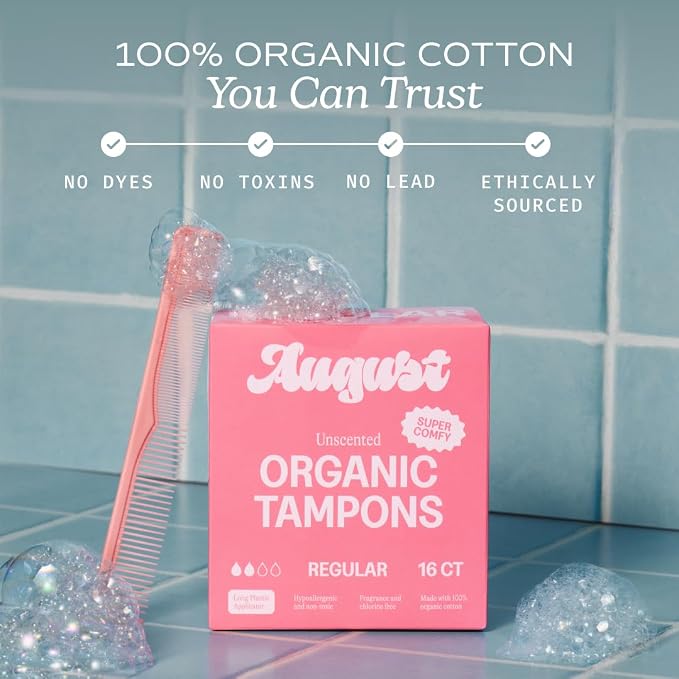 August Regular Tampons - Easy-Glide Long Applicators - 36-Pack 100% Organic Cotton Tampons for Women, Non-Toxic, Fragrance-Free, and Hypoallergenic