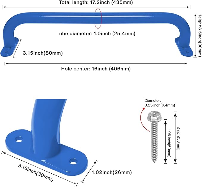 17 Inch 6 Pieces Blue Metal Safety Handles for Outdoor Playground - Playset Accessories Handles, Swing Sets Attachment Grab Bars, Kids Hand Grips Monkey Bar for Indoor Play Structure