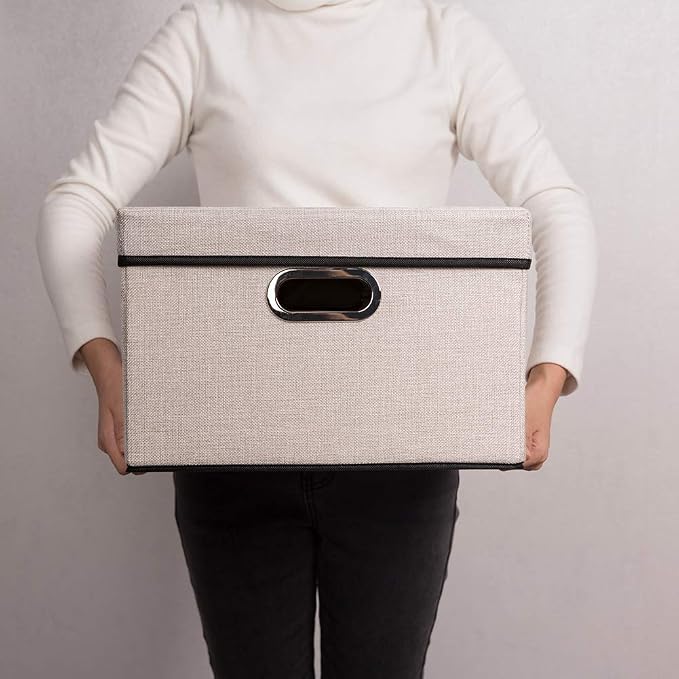 Foldable Storage Bin with Lid [5-Pack] Linen Fabric Decorative Storage Box Organizer Container Basket Cube with Handles Divider for Closet Office Living Room Light Grey(14.9x9.8x9.8)