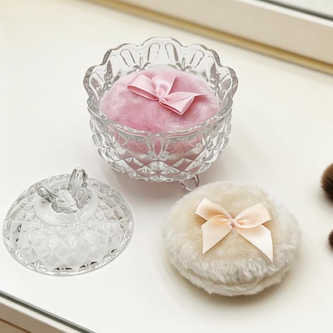 4" Glass Dusting Powder Container with 2 Fluffy Puffs,Cute 3.5" Soft Body Powder Puff and Jar Set(Butterfly-clear)