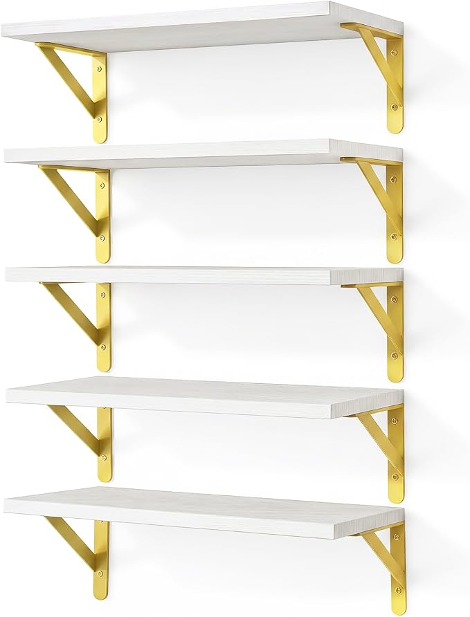 Fixwal Floating Shelves for Wall, Wood Wall Mounted Shelves for Bedroom, Bathroom, Living Room, Kitchen Storage and Decor(White, Set of 5, 16.5 Inch)