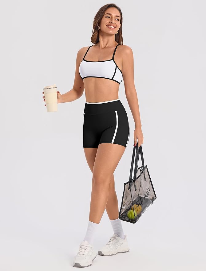 ABOCIW Workout Sets for Women 2 Piece Color Block Strappy Sports Bra High Waist Shorts Gym Yoga Pilates Outfits