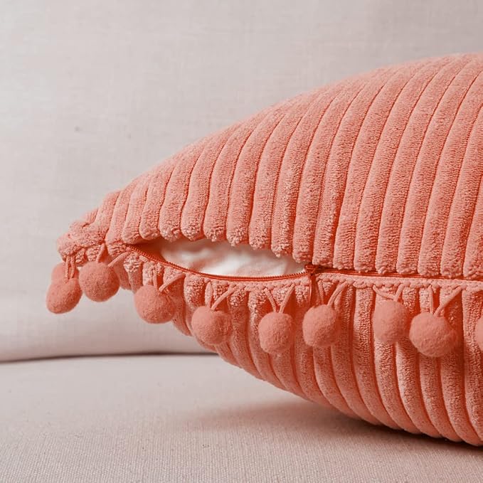 Fancy Homi Pack of 2 Coral Decorative Throw Pillow Covers 12x24 Inch with Pom-poms for Living Room Couch Bedroom, Soft Corduroy Peach Solid Lumbar Cushion Case 30x60 cm, Rustic Farmhouse Home Decor