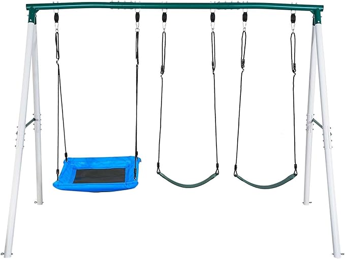 VEVOR Swing Set for Backyard, 45 x 30 in Swing Seat and Two Belt Seats, with Heavy Duty A-Frame Metal Stand, 700 lbs Load Capacity, Reinforced with Spiral Ground Anchors, Swingset Outdoor for Kids