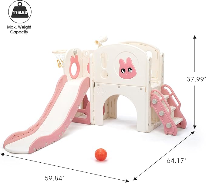 NYEEKOY 8-in-1 Toddler Slide and Climber Playset, Kids Slide Playground with Stairs, Tunnel, Telescope, Storage, Basketball Hoop and Ball, Indoor Outdoor, 1-3 Years Old, Pink