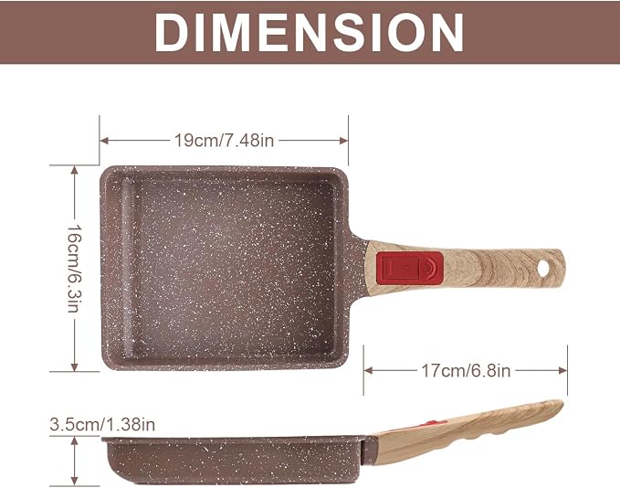 AIKENBBKK Tamagoyaki Pan Ceramic, Japanese Omelette Pan Nonstick, Japanese Egg Pan, Square Egg Pan, Induction-Ready, Detachable Handle, with Silicone Spatula, PFAS&PFOA-Free,Oven Safe,Brown,7.5”x6.8”