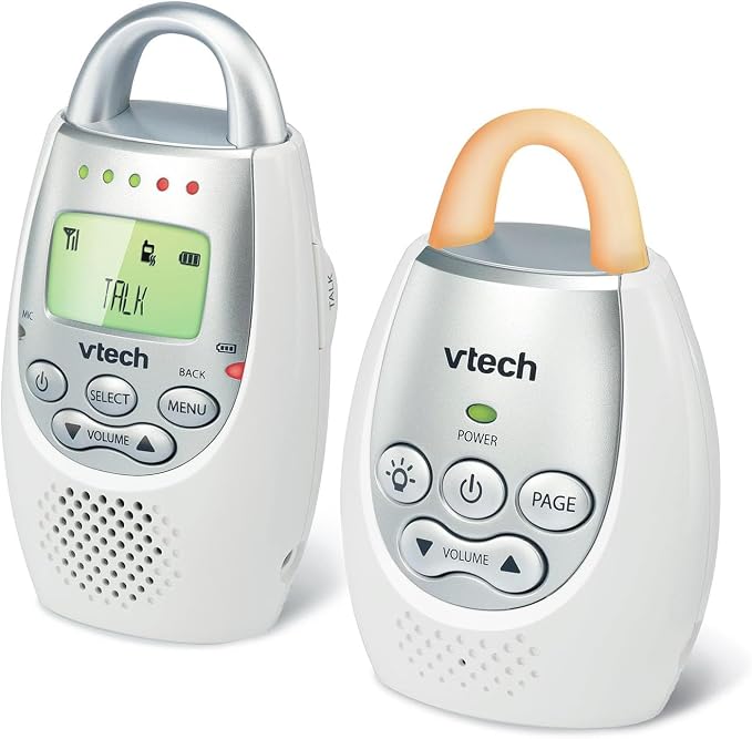 VTech Communications DM221 Audio Baby Monitor with up to 1,000 ft of Range, Vibrating Sound-Alert, Talk Back Intercom & Night Light Loop, White/Silver