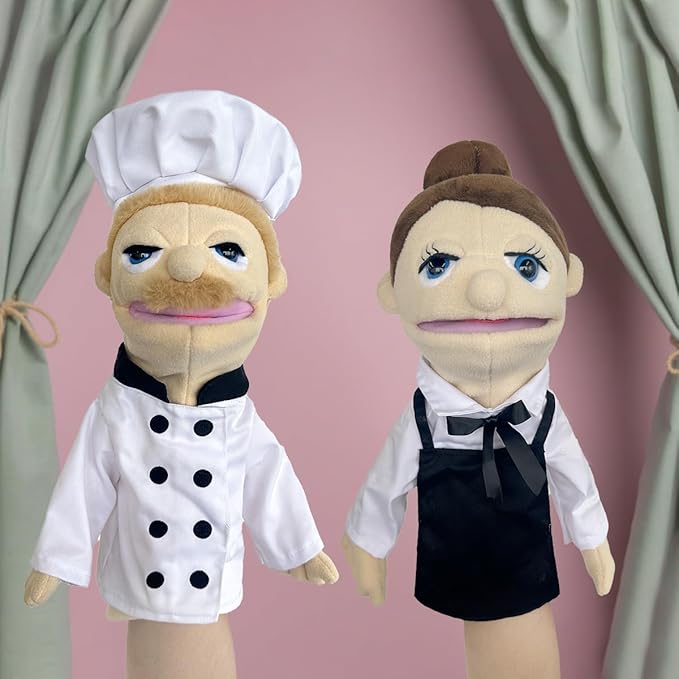 Professional Hand Puppets,2pcs Chef Puppet and Waitress Hand Puppet for Kids Role Play,Teaching Puppet Stuffed Toys Character Puppet with Movable Mouth（03-Chef &Waitress