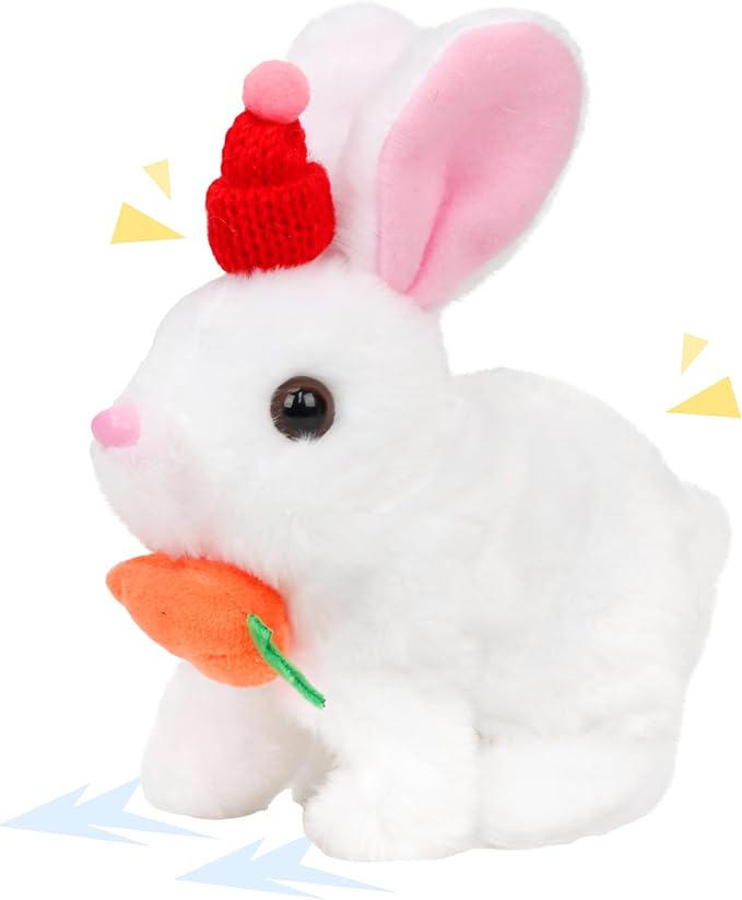 Easfan Hopping Bunny Plush Jumping Spotted White Rabbit with Hat Ears Nose Moving Educational Plush Toy Interactive Toy Electric for Toddlers Kids,7"