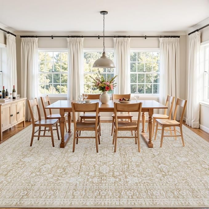 8x10 Area Rugs for Living Room: Vintage Boho Neutral Washable Rug Indoor Soft Large Area Rug Carpet for Bedroom Nursery Farmhouse Dining Room Office Floor Non-Slip Low Pile Under Table Natural Beige