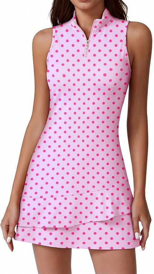 Viracy Tennis Dress for Women Sleeveless Golf Dresses with Shorts and Pockets Ruffle Zip Up Stand Collar Golf Outfits