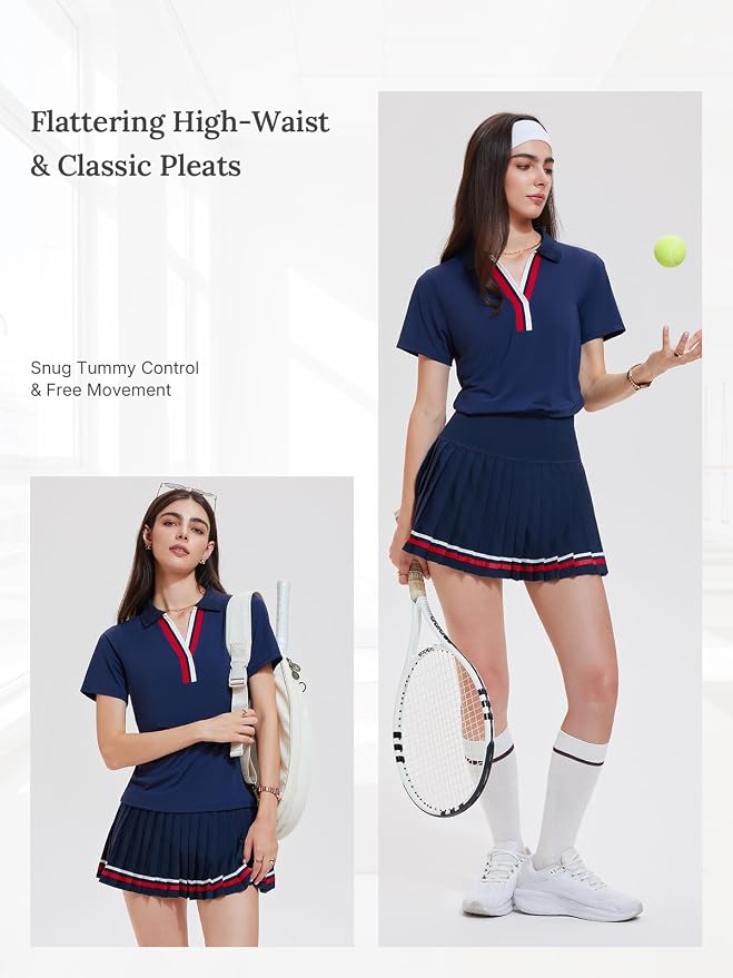 Women 2 Piece Tennis Skirt Set Pleated Golf Outfit, Polo V-Neck Athletic Dress Alternative Skort Set for Pickleball Pockets