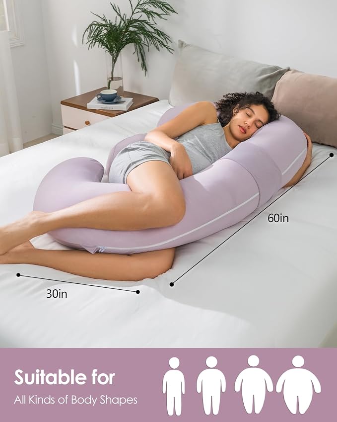QUEEN ROSE Cooling Pregnancy Pillows,E Shaped Full Body Pillow for Sleeping, with Pregnancy Wedge Pillow for Belly Support, 60 Inch Maternity Pillow for Side Sleeper, Cooling Rayon Cover, Purple