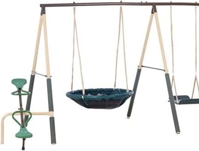 XDP Recreation Deerfield Outdoor Playground Swing Set with Slide, See Saw, Trapeze Swing, Fun-Glidr, Swing Seat, and Stand N Swing