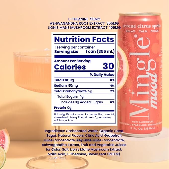 Mingle Mocktails Serene Citrus Spritz Nootropic Non Alcoholic Drinks with Ashwagandha, L-Theanine, Lion's Mane, Adaptogens, Alcohol Alternative Pre-Mixed Mocktails, Gluten Free Vegan, 12 Pack 12 fl oz