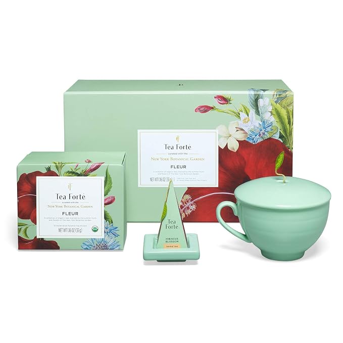 Tea Forte Gift Set with Cafe Cup, Tea Tray, Mini Presentation Box with 10 Handcrafted Pyramid Infuser Tea Bags, Fleur Tea