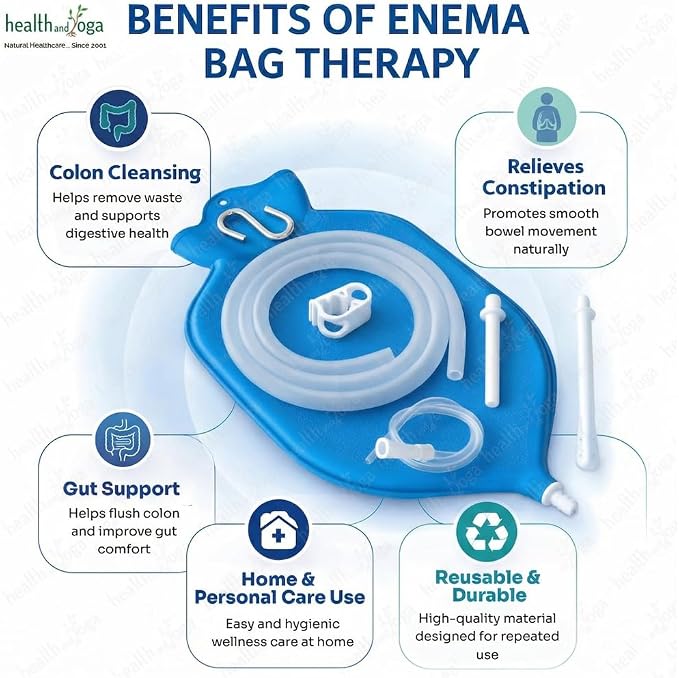 HealthAndYoga™ NaturoFlo Superior Enema Bag Kit with Silicone Tubing Hose and Fittings - 2 Quart Fountain Open top Kit for Fleet Enema and Anal Douche - Blue