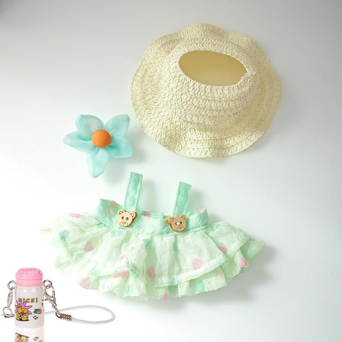 One Set Kawaii Doll Clothes for 17cm Plush Dolls - Green Floral Collection Dress + Hat + Bag + Hair Clip Fits 6.7 Inch Mini Dolls (No Doll No Glasses)
