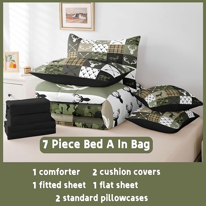 Feelyou Green Hunting Camo Twin Comforter Set with Sheets for Kids Boys Girls Rustic Western Deer 7 Pieces Bedding Set Camouflage Hunter Bed in a Bag Wildlife Animal Room Decor Soft