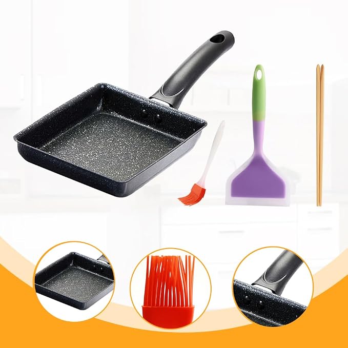 LOQJSS Tamagoyaki Pan Set – Japanese Omelette Pan 5.9x7 Inches Rectangle Egg Roll Pan & Silicone Brush, Chopsticks & Spetula,For Sandwiches,Crepes,Salmon,Bacon,Pancakes,Etc