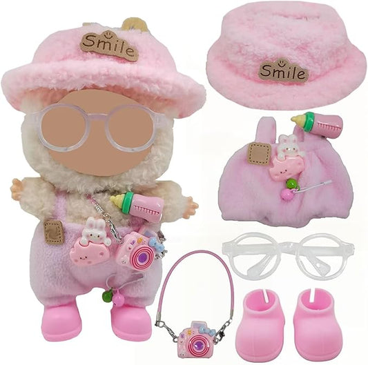 Doll Clothes Outfit and Accessories Suitable for 17cm Dolls, 5 Piece Set Romper Hat Camera Backpack Glasses Shoes (No Doll) Pink