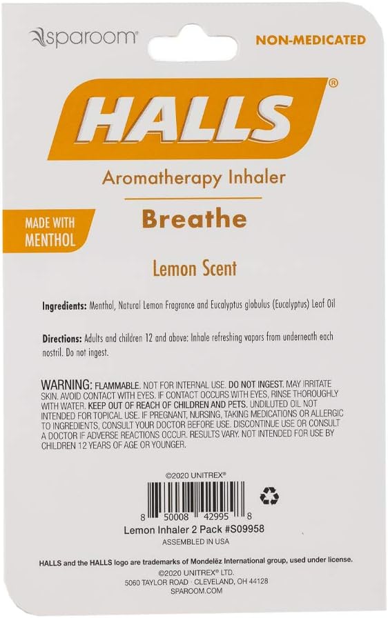 SpaRoom Halls Nausea Relief Nasal Stick – Breathe Lemon, 100% Pure Essential Oils, Aromatherapy Nasal Stick for Sinus Relief, Stress & Craving Management, Zesty Lemon Scent, 2-Pack, Non-Medicated
