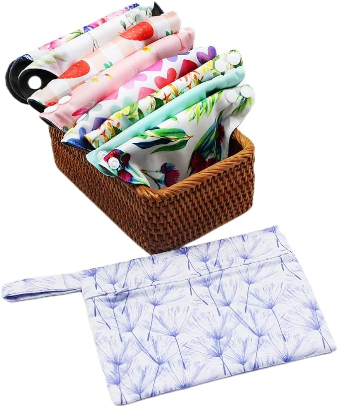 Random Prints Adjustable Snaps Reusable Menstrual Pads - 9 pcs Three Size Cloth Sanitary Pads with 1 Bag