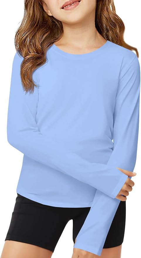 ZDC Girls Long Sleeve Athletic Shirts Kids Crewneck Quick Dry Workout Yoga Tops Basic Tees Activewear
