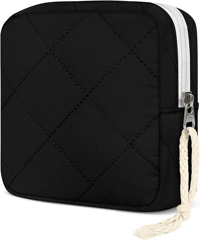 Likesing Quilted Period Bag, Period Pouches for Teen Girls Womens, Portable Nylon Sanitary Napkin Storage Bag Feminine Emergency Tampon Pad Pouch(Black)