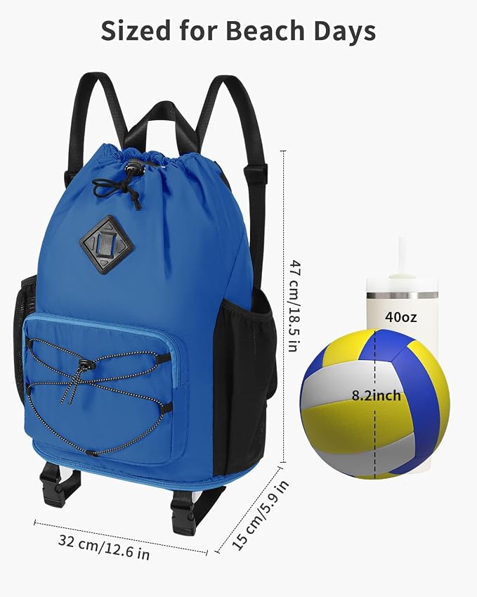 WANDF Drawstring Backpack with Removable Wet Pocket, Sandproof Beach Backpack with Bottom Compression Strap for Beach Mat, Swim Bag for Pool, Gym, Travel and Workout Gear (Navy Blue)