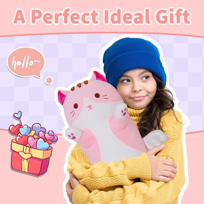 Cute Cat Plush Pillow, Pink Long Stuffed Animal Soft Kitten Plushie Kawaii Cat Stuffed Toy for Kids, Girlfriend (110cm/43.3inch)