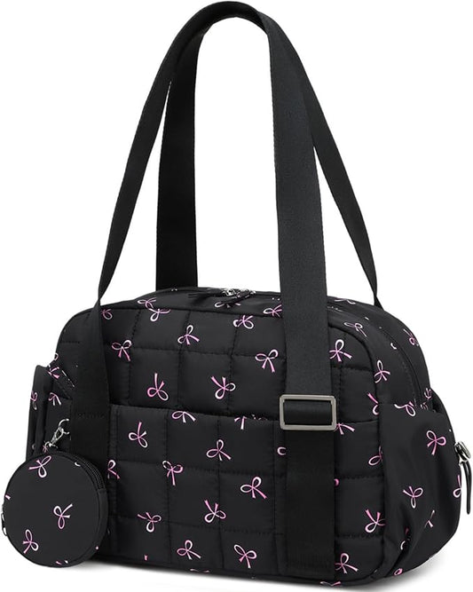 CAMTOP Mini Gym Bag for Women, Small Gym Tote Bag Puffy Quilted Sports Duffel Bag with Wet Compartment and Coin Purse Duffel Bags Dance Yoga Workout Bag for Gifts (Black Pink Bow, Mini-12.6")