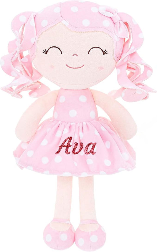 Gloveleya Personalized Baby Doll – Custom Name Plush Rag Doll, Pink Polka Dot Dress, Curly Hair, for Girls Birthday, Holidays & Keepsake, 12 Inches