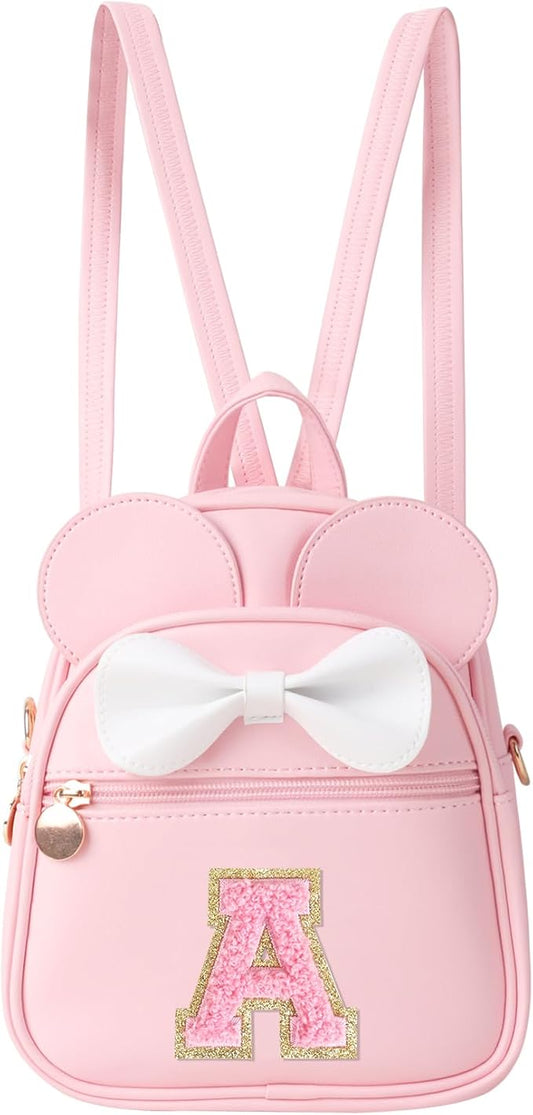 Personalized Toddler Backpack for Girls 3–10, Cute Mini Bowknot Mouse-Ear Toddler Bookbag Crossbody Purse, Small Daypack Wallet Set, Initial Birthday Gift, Trendy Little Kids/Teen Bag(Pink，A)